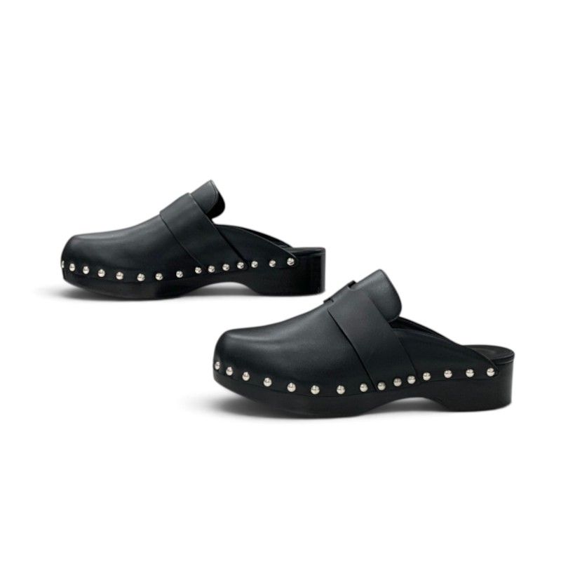 Hermes Calya Sandals Shoes Leather Wood Black Silver Studs Clog Mules — view 3