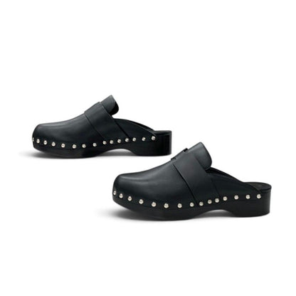 Hermes Calya Sandals Shoes Leather Wood Black Silver Studs Clog Mules — view 3
