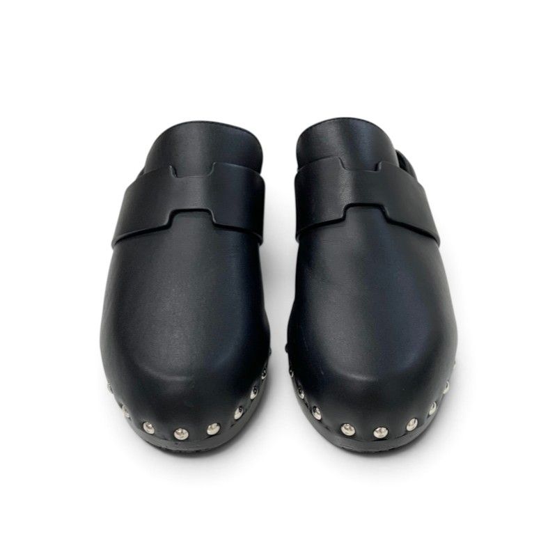Hermes Calya Sandals Shoes Leather Wood Black Silver Studs Clog Mules — view 2