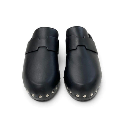 Hermes Calya Sandals Shoes Leather Wood Black Silver Studs Clog Mules — view 2