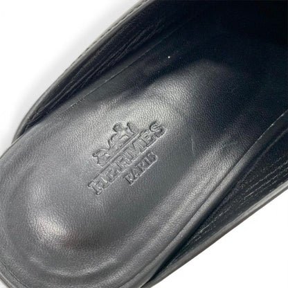 Hermes Calya Sandals Shoes Leather Wood Black Silver Studs Clog Mules — view 7