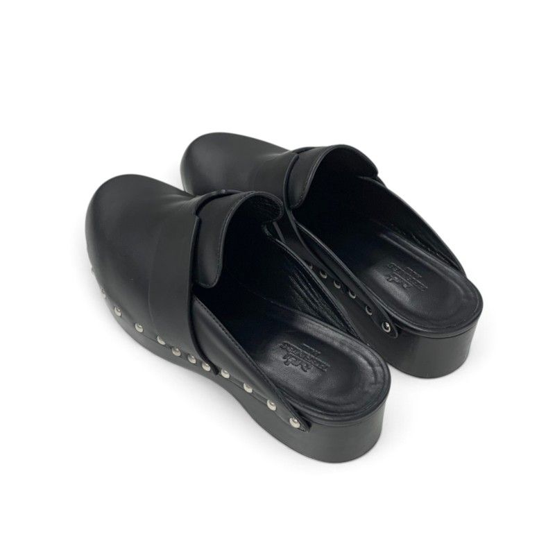 Hermes Calya Sandals Shoes Leather Wood Black Silver Studs Clog Mules — view 4