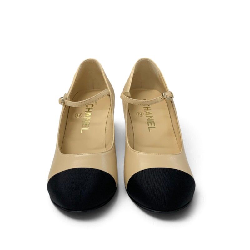 Chanel Pumps Shoes Leather Beige Black Gold CC Logo Mary Jane Strap — view 2