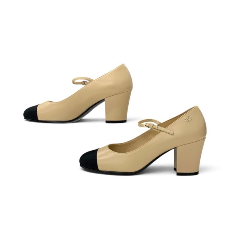 Chanel Pumps Shoes Leather Beige Black Gold CC Logo Mary Jane Strap — view 3