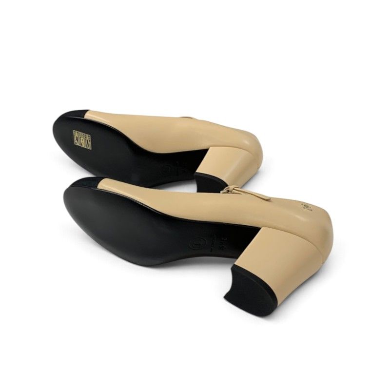 Chanel Pumps Shoes Leather Beige Black Gold CC Logo Mary Jane Strap — view 6
