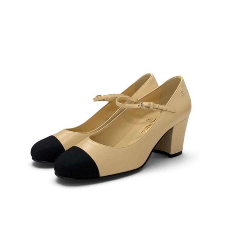 Chanel Pumps Shoes Leather Beige Black Gold CC Logo Mary Jane Strap