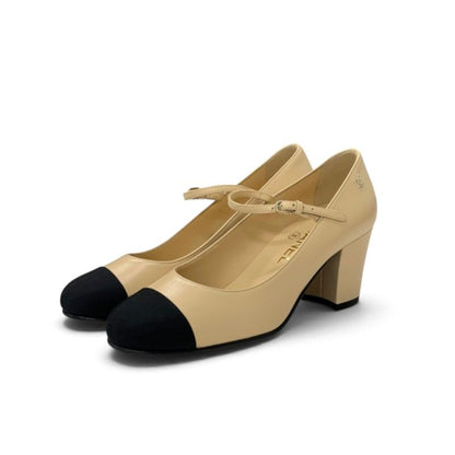Chanel Pumps Shoes Leather Beige Black Gold CC Logo Mary Jane Strap