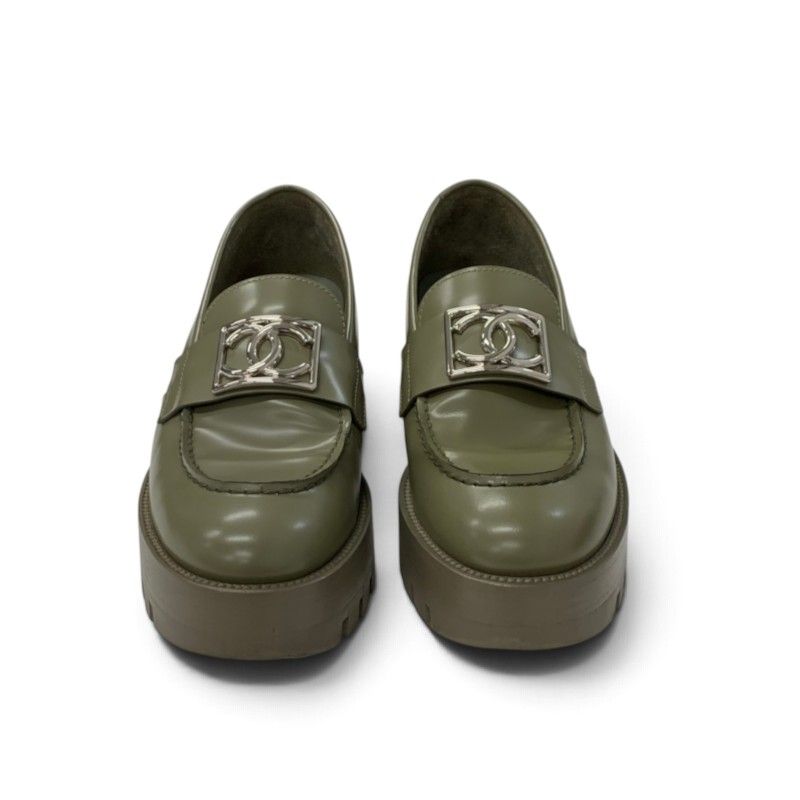 Chanel Loafers Leather Shoes Khaki Silver CC Logo — view 2