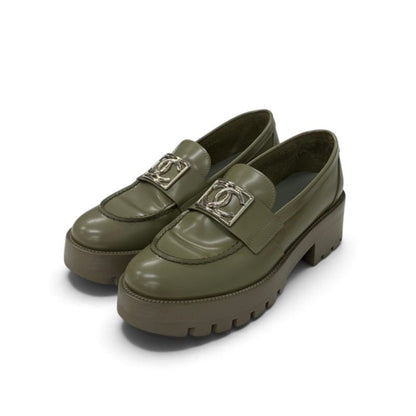 Chanel Loafers Leather Shoes Khaki Silver CC Logo