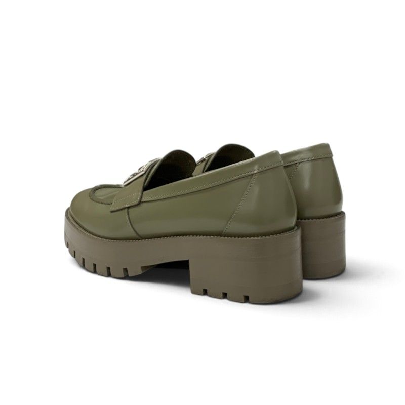 Chanel Loafers Leather Shoes Khaki Silver CC Logo — view 4