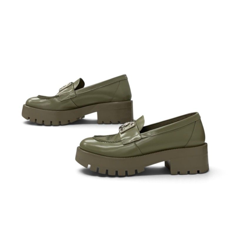 Chanel Loafers Leather Shoes Khaki Silver CC Logo — view 3