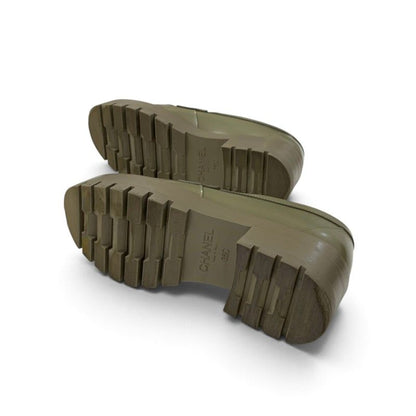 Chanel Loafers Leather Shoes Khaki Silver CC Logo — view 6