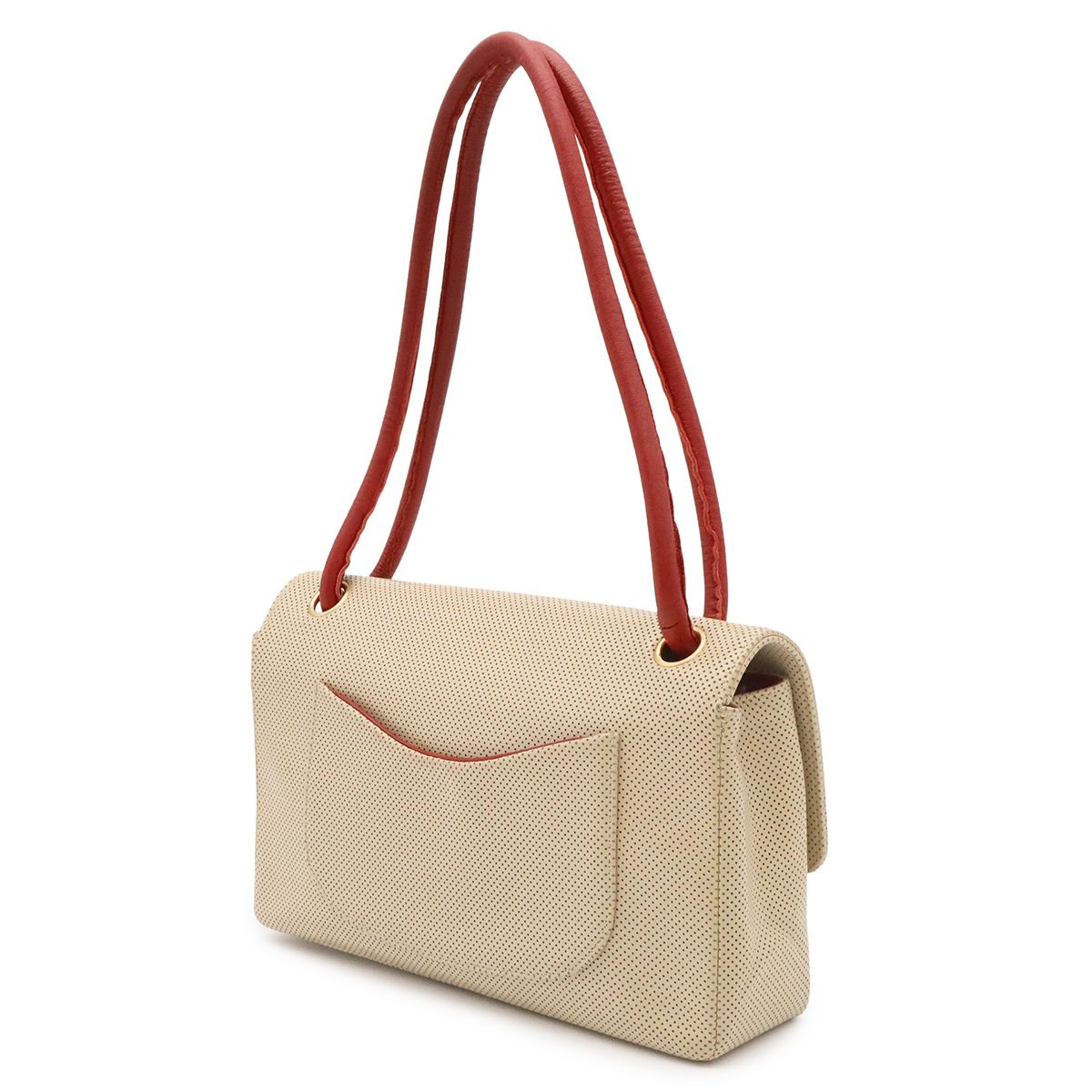 Chanel CC Logo Shoulder Bag Perforated Mesh Leather Beige Red Gold — view 2