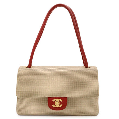 Chanel CC Logo Shoulder Bag Perforated Mesh Leather Beige Red Gold