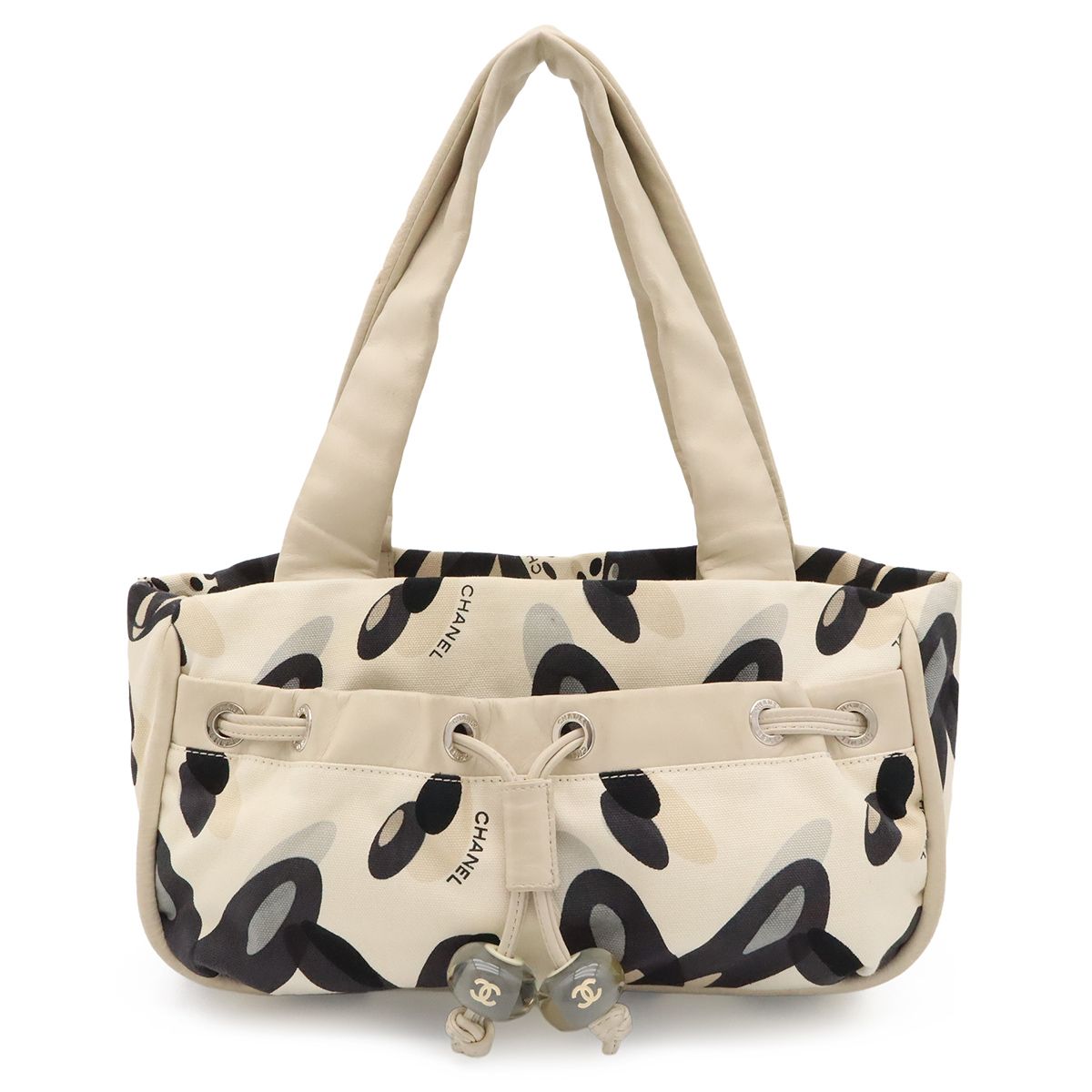Chanel Tote Shoulder Bag All Over Print Canvas Leather Ivory Black Gray Silver