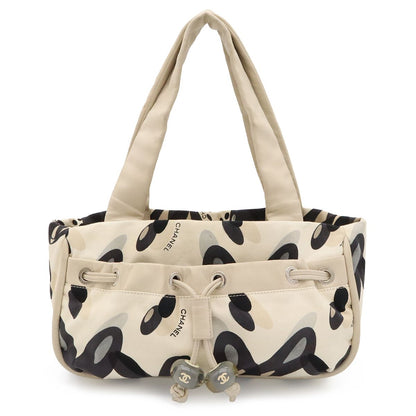 Chanel Tote Shoulder Bag All Over Print Canvas Leather Ivory Black Gray Silver
