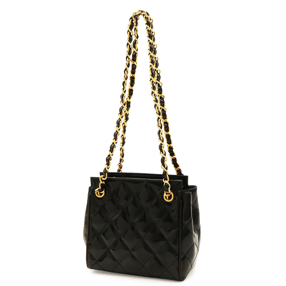 Chanel Quilted Chain Shoulder Bag Patent Leather Black Gold — view 2