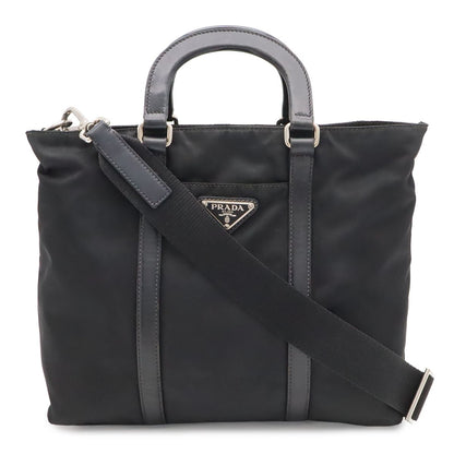 Prada Triangle Tote 2-Way Shoulder Bag Nylon Nero Black Blue Silver