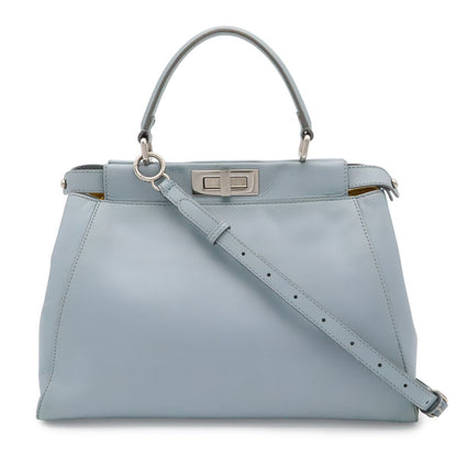 Fendi Peekaboo Regular Tote 2-Way Shoulder Bag Leather Rato Blue Light Silver