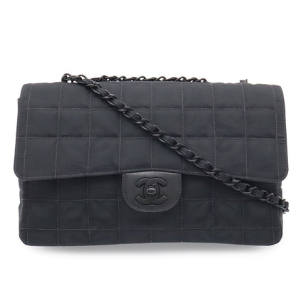 Chanel New Travel Line Chain Shoulder Bag 2-Way Nylon Jacquard Leather Black