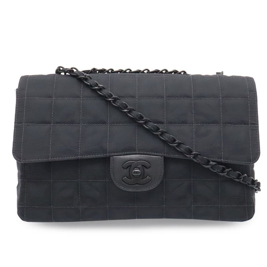 Chanel New Travel Line Chain Shoulder Bag 2-Way Nylon Jacquard Leather Black