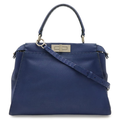 Fendi Selleria Peekaboo Regular Tote 2-Way Shoulder Bag Leather Blue Silver