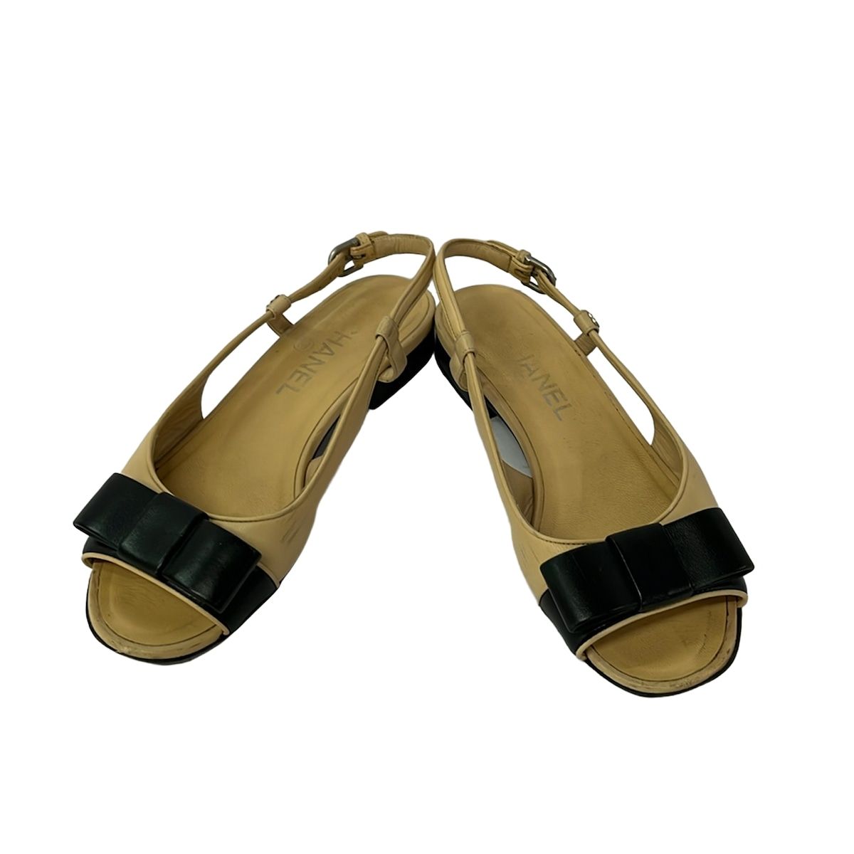 Chanel Sandals C Beige Black Ribbon Leather — view 2