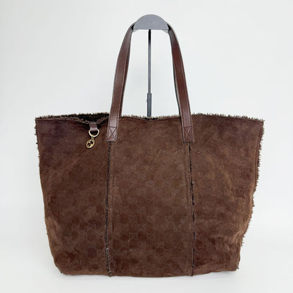 Gucci GG Monogram Pouch Tote Shoulder Bag Shearling Suede Brown Vintage — view 2
