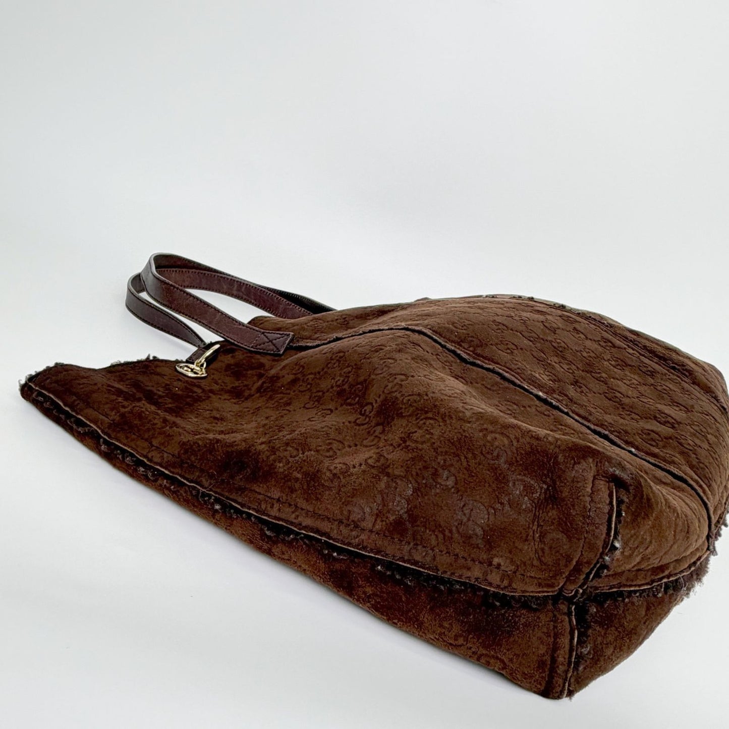Gucci GG Monogram Pouch Tote Shoulder Bag Shearling Suede Brown Vintage — view 5