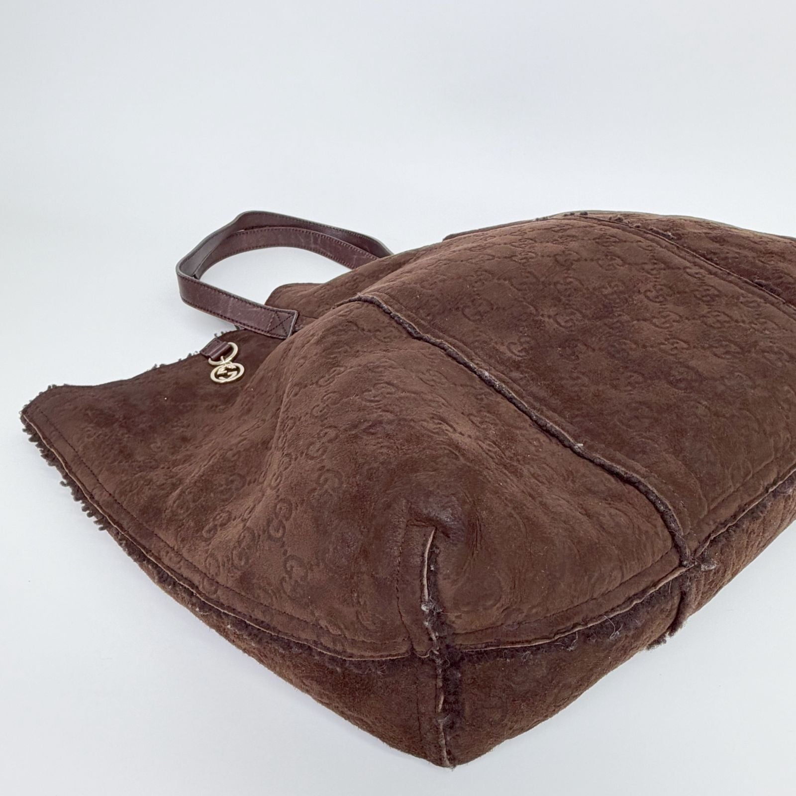 Gucci GG Monogram Pouch Tote Shoulder Bag Shearling Suede Brown Vintage — view 7