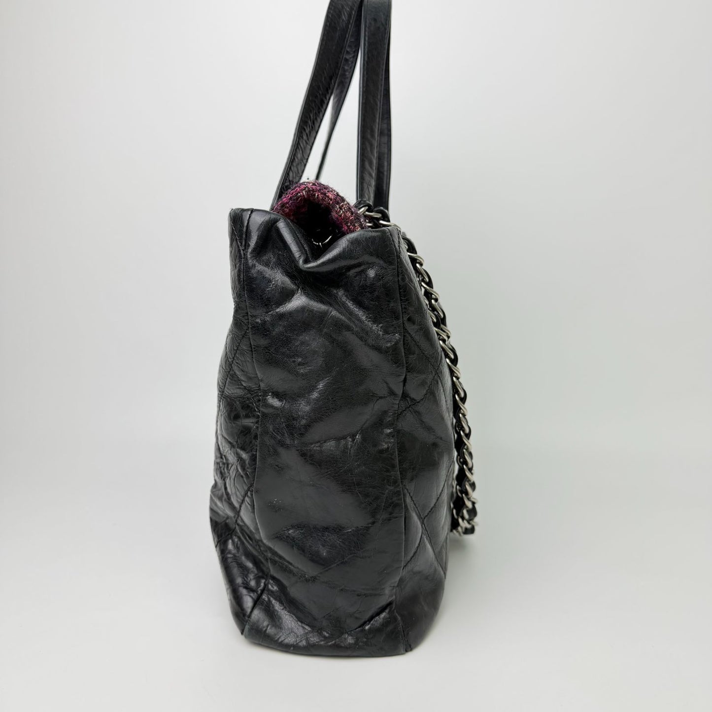 Chanel CC Logo Quilted Tweed Flap 2-Way Tote Chain Shoulder Bag Leather Black — view 6