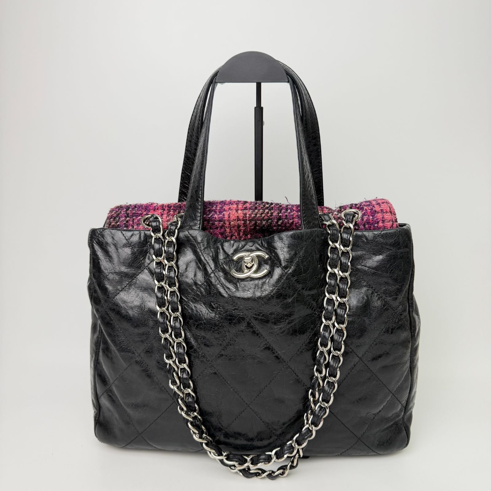Chanel CC Logo Quilted Tweed Flap 2-Way Tote Chain Shoulder Bag Leather Black — view 3