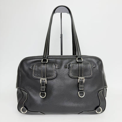 Prada Double Buckle with Cadena Leather Boston Bag Black Silver Vintage — view 4