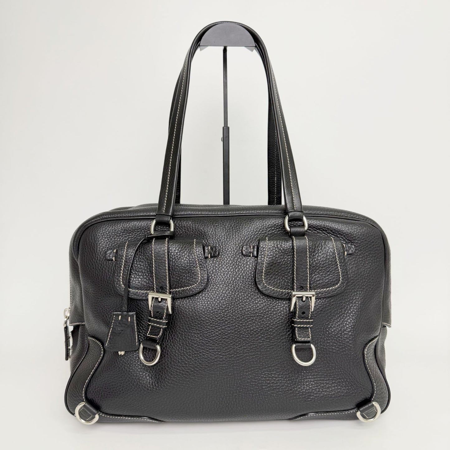 Prada Double Buckle with Cadena Leather Boston Bag Black Silver Vintage — view 3