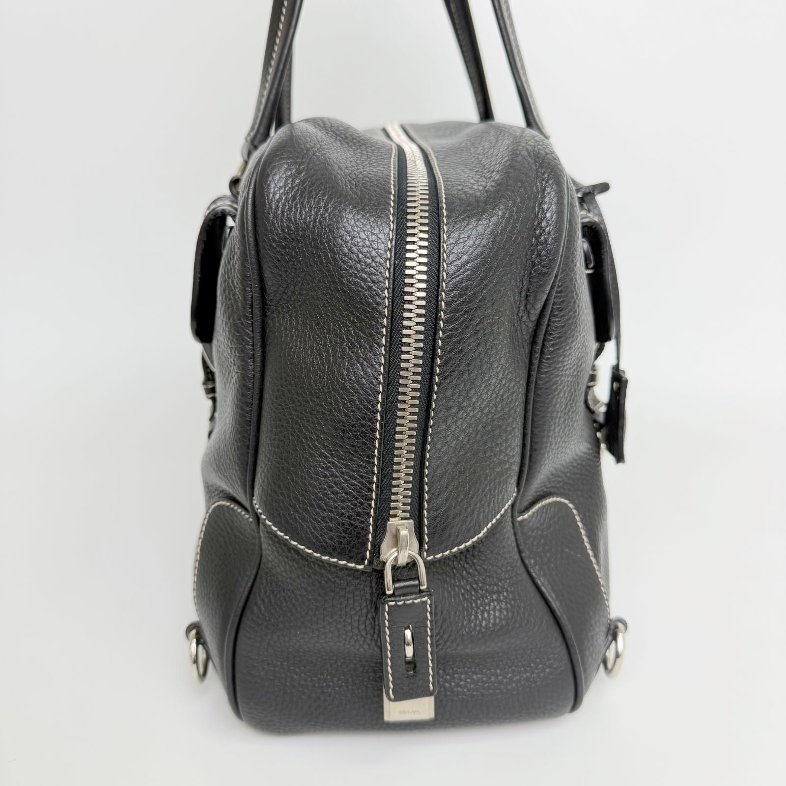 Prada Double Buckle with Cadena Leather Boston Bag Black Silver Vintage — view 6