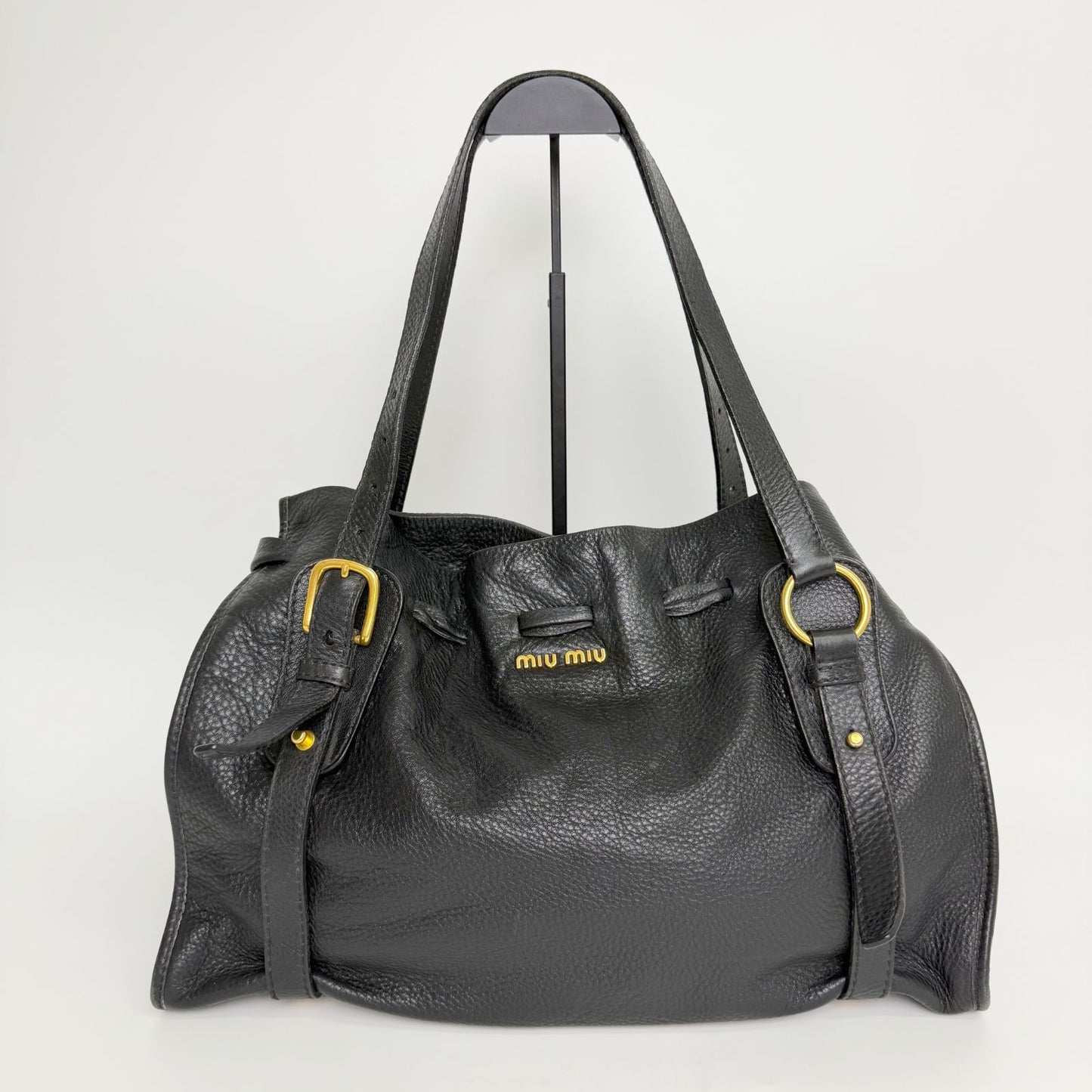 Miu Miu Vitellolux Side Ribbon Bow Tote Shoulder Bag Leather Black Gold Vintage — view 2