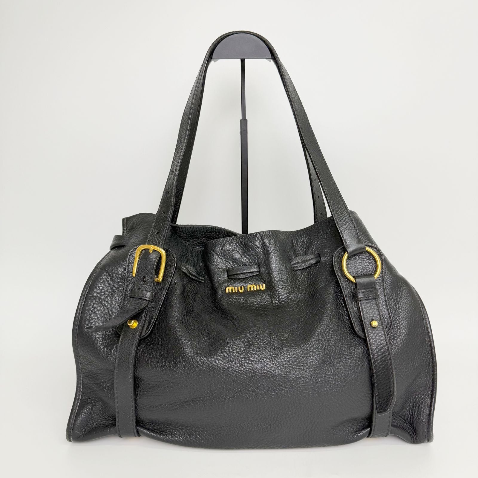 Miu Miu Vitellolux Side Ribbon Bow Tote Shoulder Bag Leather Black Gold Vintage — view 2