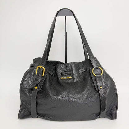 Miu Miu Vitellolux Side Ribbon Bow Tote Shoulder Bag Leather Black Gold Vintage — view 2