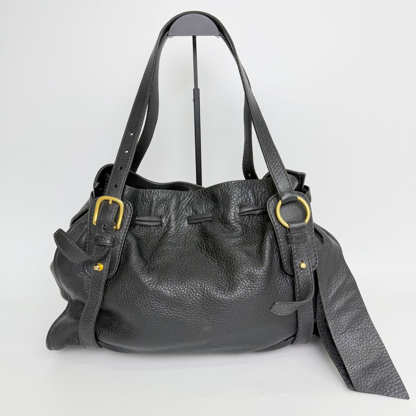 Miu Miu Vitellolux Side Ribbon Bow Tote Shoulder Bag Leather Black Gold Vintage — view 3