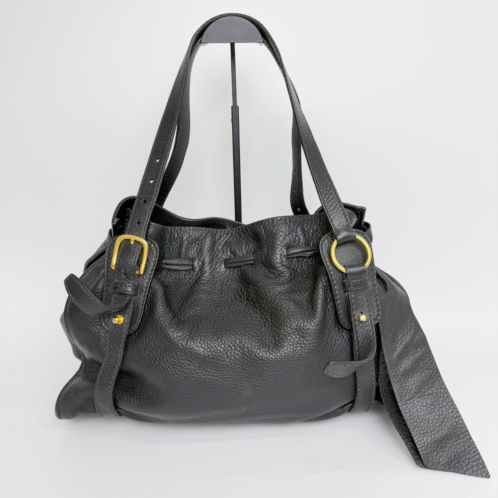 Miu Miu Vitellolux Side Ribbon Bow Tote Shoulder Bag Leather Black Gold Vintage — view 3
