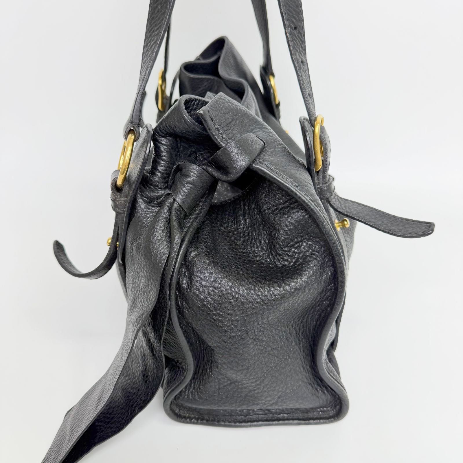 Miu Miu Vitellolux Side Ribbon Bow Tote Shoulder Bag Leather Black Gold Vintage — view 5