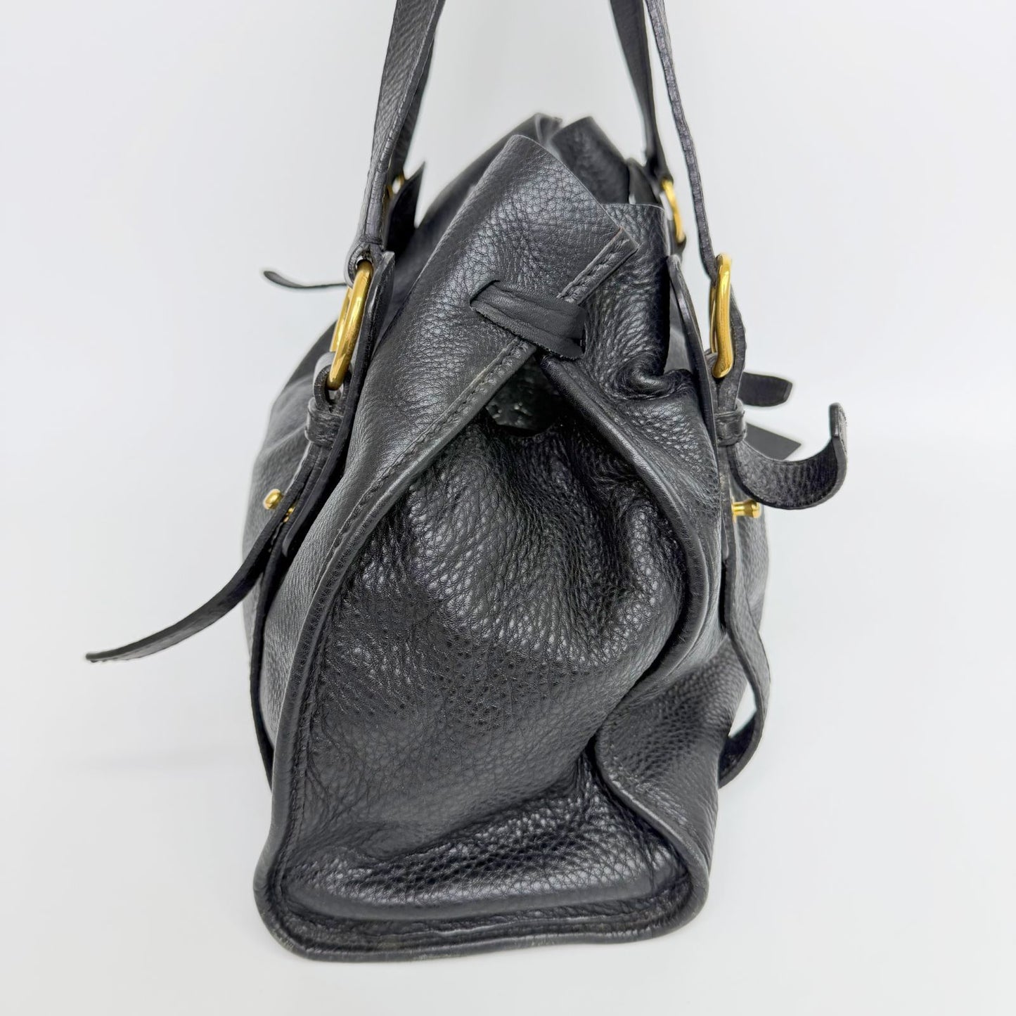 Miu Miu Vitellolux Side Ribbon Bow Tote Shoulder Bag Leather Black Gold Vintage — view 4