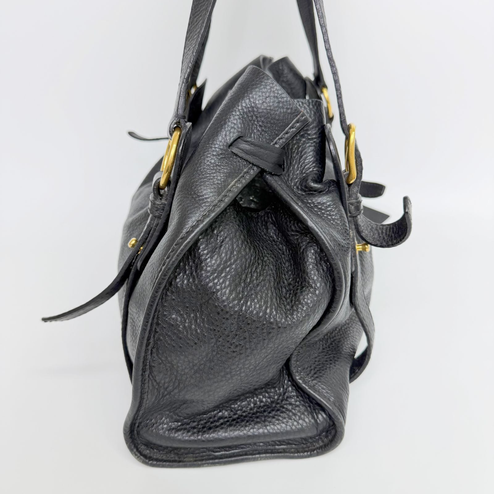 Miu Miu Vitellolux Side Ribbon Bow Tote Shoulder Bag Leather Black Gold Vintage — view 4