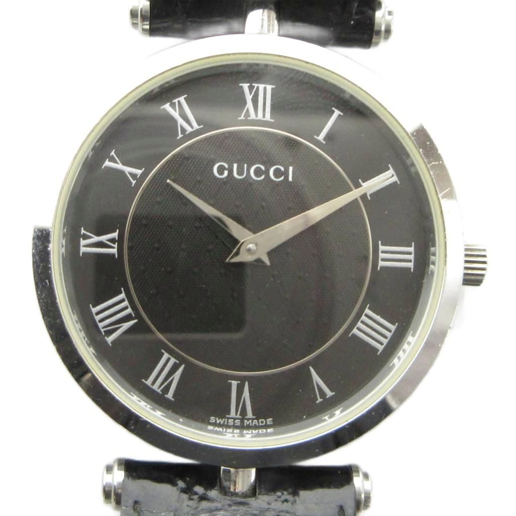 Gucci Watch Quartz Roman Black Dial Leather Strap Silver