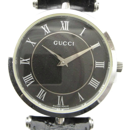 Gucci Watch Quartz Roman Black Dial Leather Strap Silver