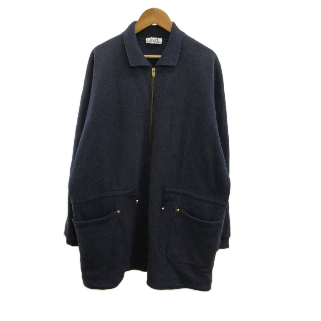 Hermes Jacket Mid Length Drawstring Zip Up Logo Embroidery Navy M