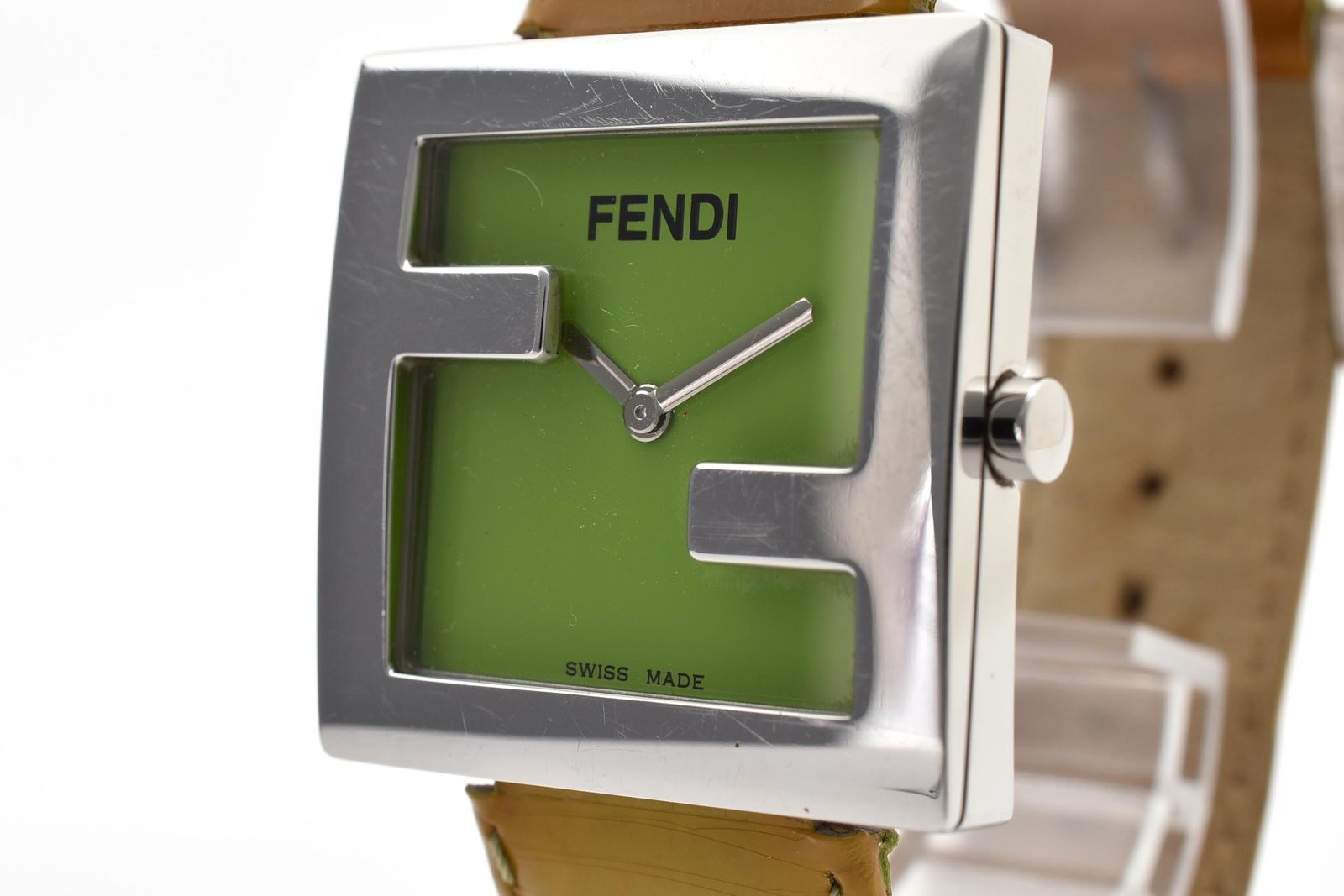 Fendi Zucca Quartz Watch Green Dial 2 Hand Stainless Steel Patent Leather 31.1