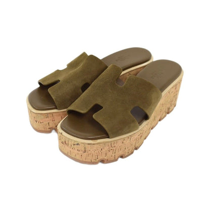 Hermes Eze Sandals H Logo Suede Cork Wedge Sole Thick Khaki Beige