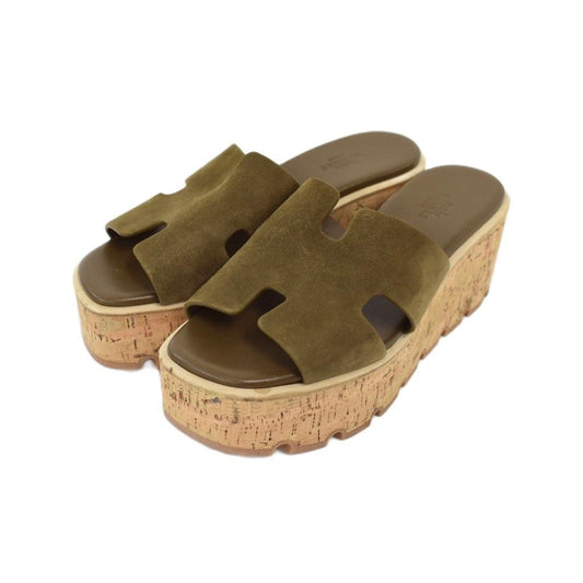 Hermes Eze Sandals H Logo Suede Cork Wedge Sole Thick Khaki Beige