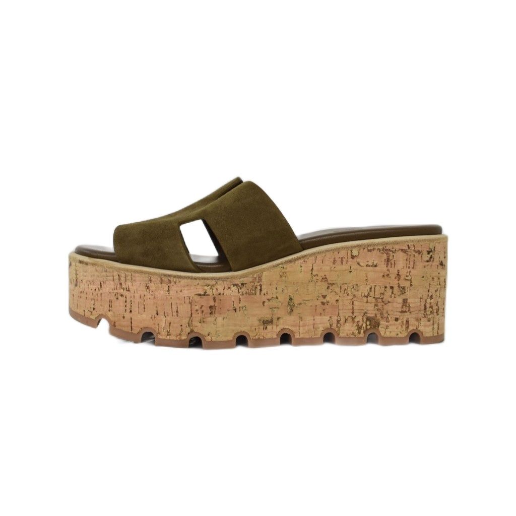 Hermes Eze Sandals H Logo Suede Cork Wedge Sole Thick Khaki Beige — view 2